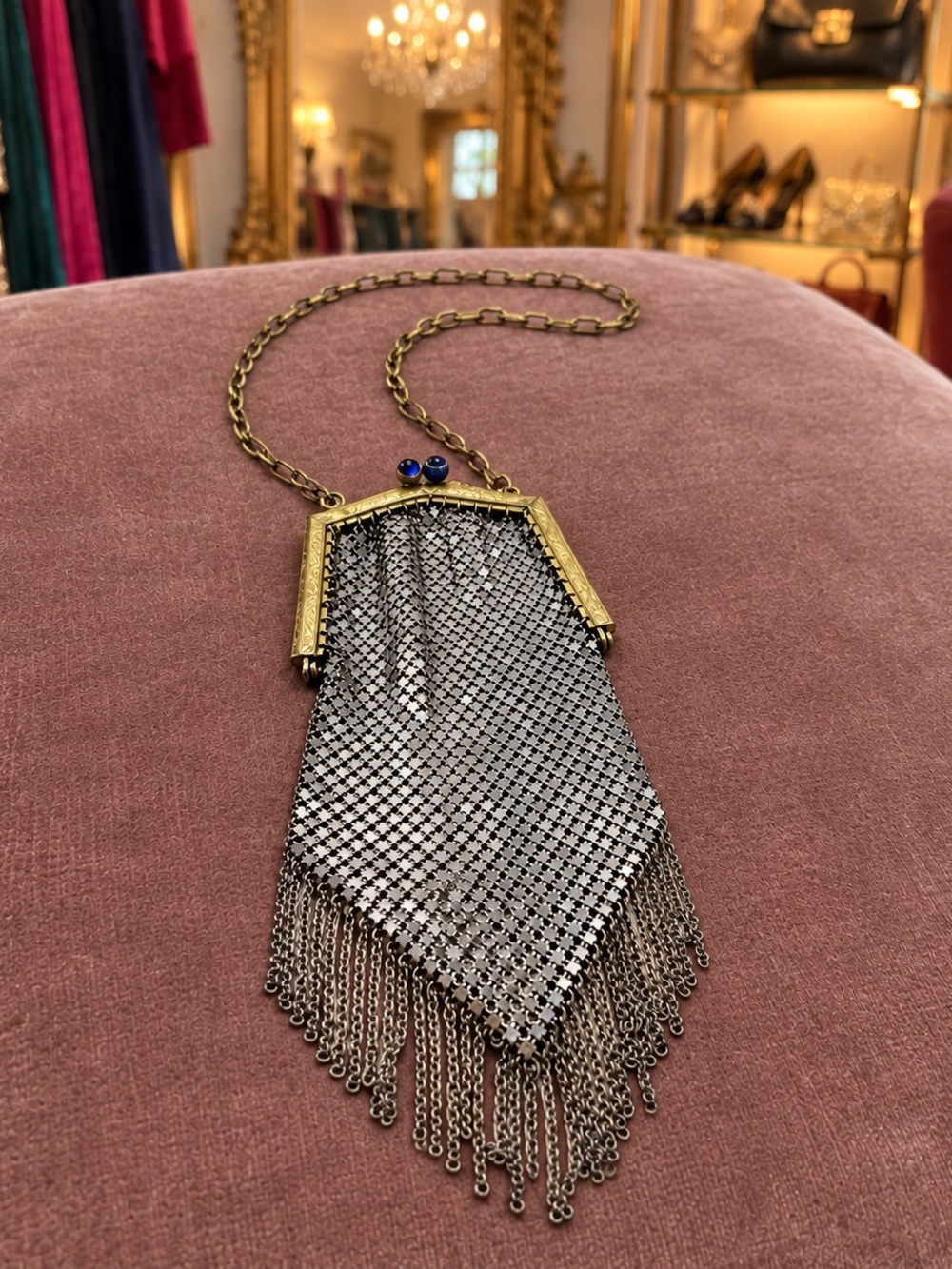 Unbranded Vintage Art Deco Mesh Fringe Purse Blue Cabochon Silver & Gold Tone